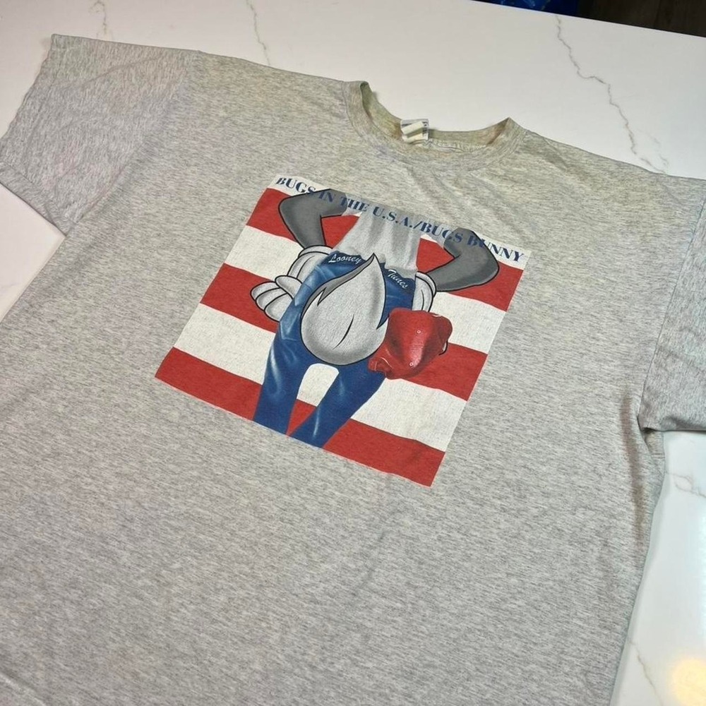 Looney Tunes T-Shirt Mens XL Grey Bugs Bunny USA Bruce Springsteen 90s Vintage